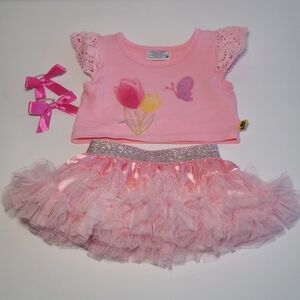 Build A Bear Outfit Pink Top Tulle Tutu Skirt Clothes Butterfly Flowers Hairbows
